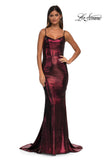 Picture of: Metallic Jersey Dress with Low Back and Ruching in Wine, Style: 32932, Detail Picture 11