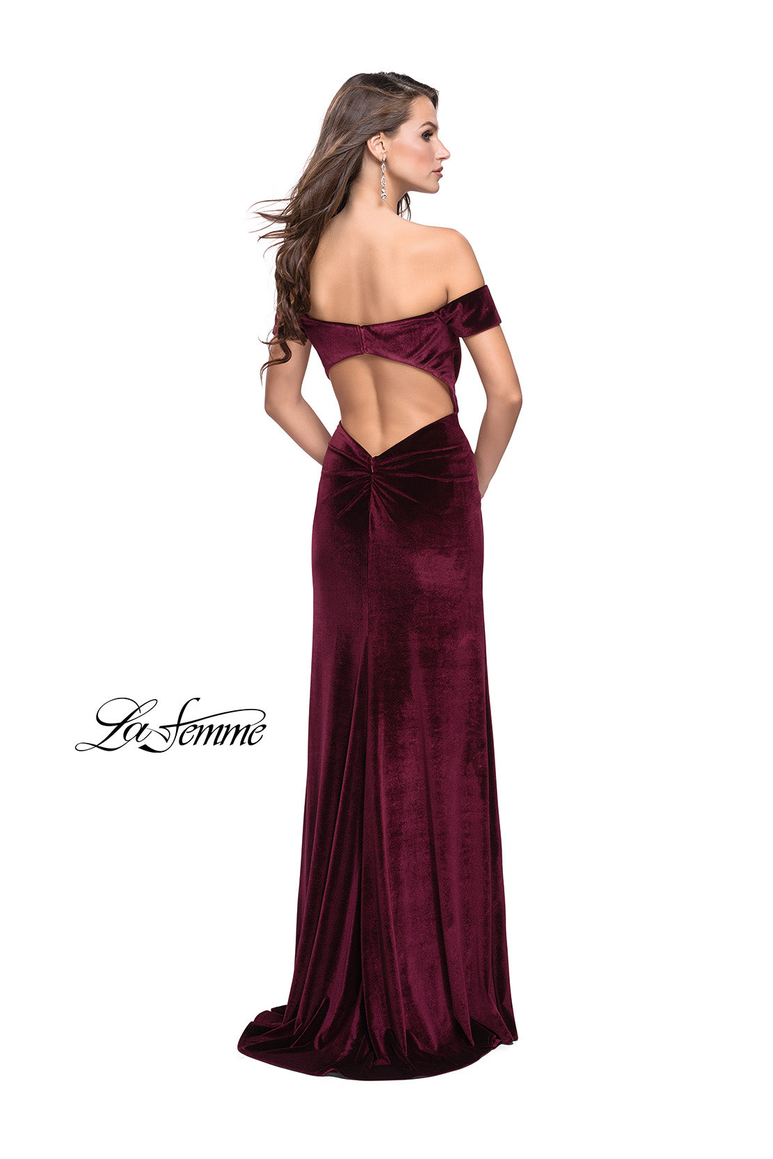 Picture of: Off the Shoulder Mermaid Gown with Strappy Back and Train in Wine, Style: 25213, Back Picture
