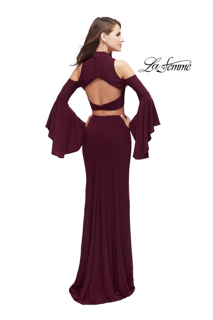 Picture of: Long Two Piece Dress with Cold Shoulders and Bell Sleeves in Wine, Style: 25353, Back Picture