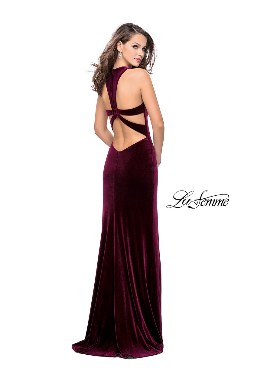 Picture of: Long Velvet Prom Dress with Deep V and Side Leg Slit in Wine, Style: 25363, Back Picture