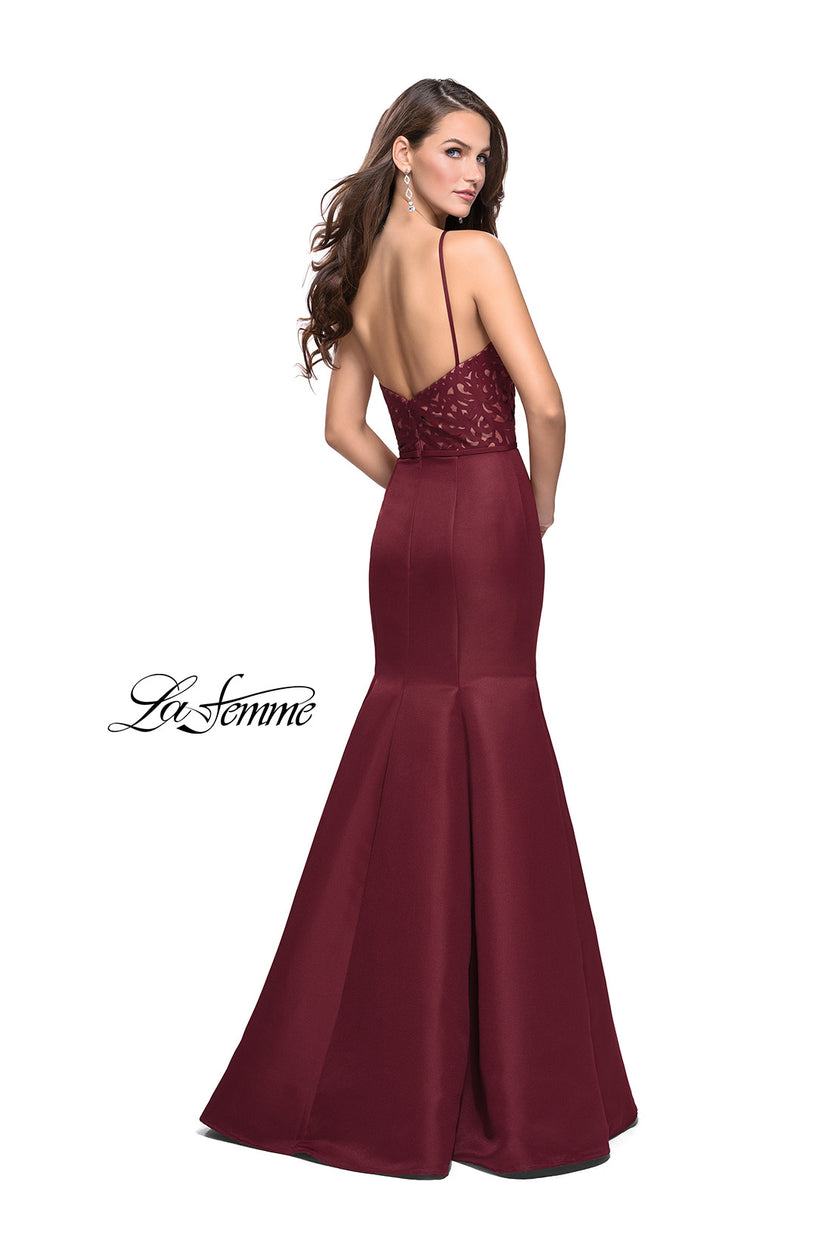 Picture of: Long Mermaid Prom Dress with Laser Cut Pattern Detail in Wine, Style: 25650, Back Picture