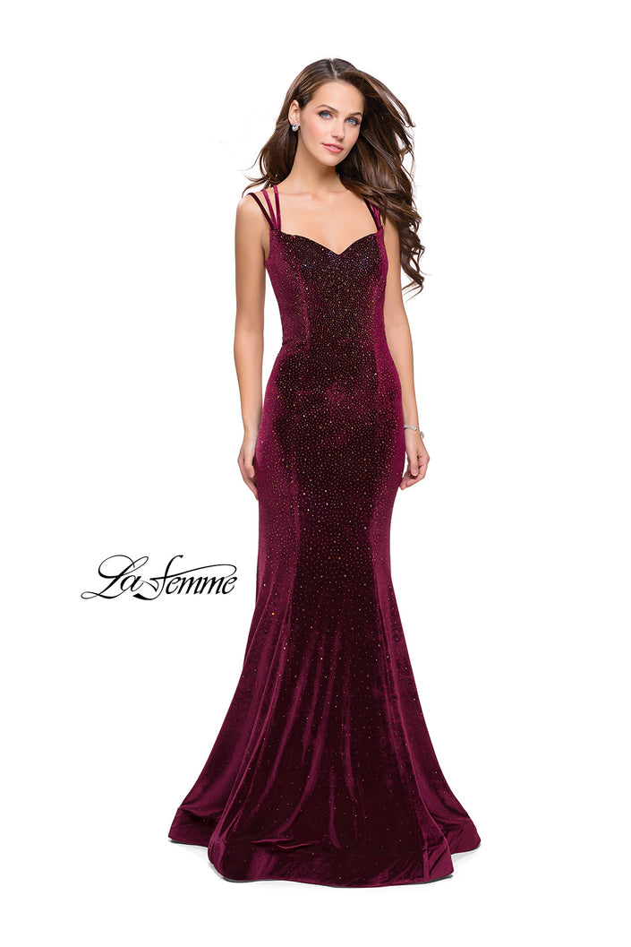 Picture of: Velvet Form Fitting Prom Dress with Intricate Back in Wine, Style: 25681, Back Picture