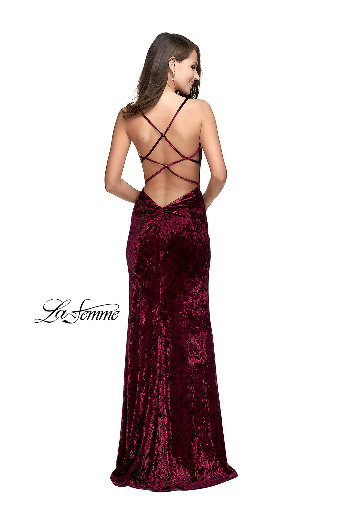 Picture of: Crushed Velvet Prom Dress with Lace Neckline in Wine, Style: 25881, Back Picture