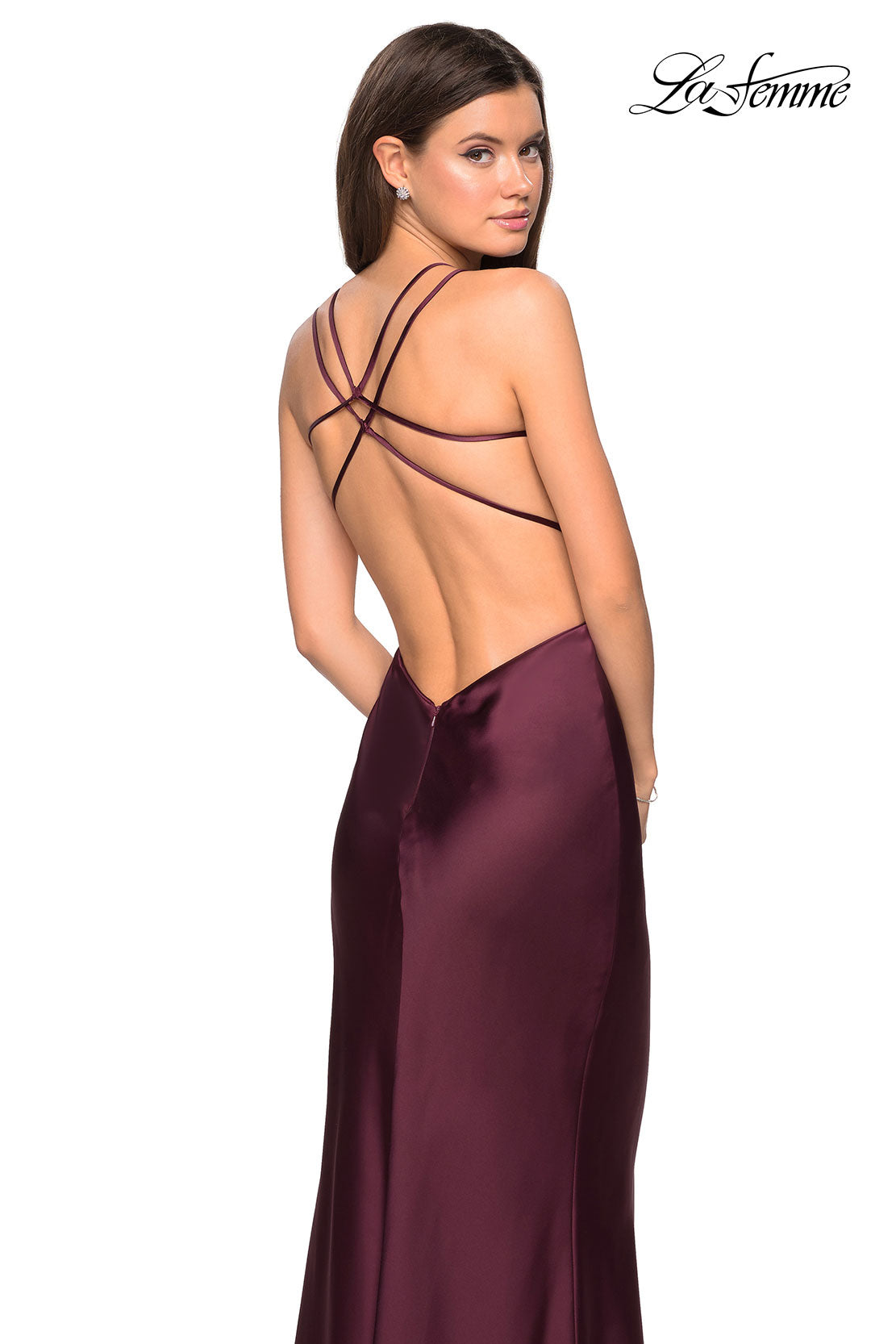 Picture of: Satin Prom Gown with Scoop Neck and Side Slit in Wine, Style: 27010, Back Picture