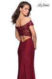 Picture of: Off The Shoulder Gown with Lace Bust and Slit in Wine, Style: 27097, Back Picture