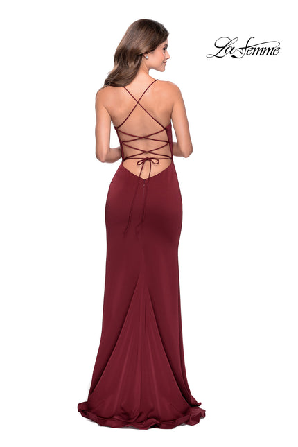 Picture of: Ruffle Prom Dress with Scoop Neck and Lace Up Back in Wine, Style: 28294, Back Picture