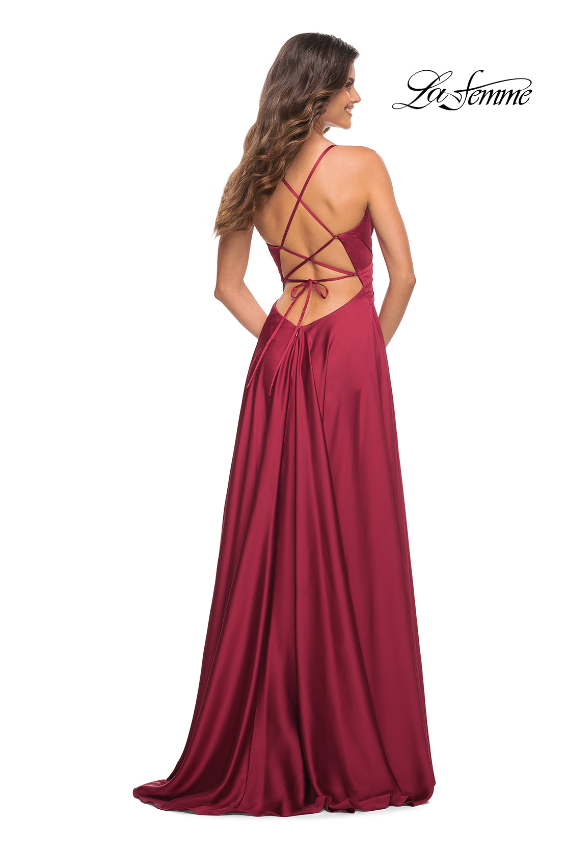 Picture of: Satin Jewel Tone Gown with Criss-Cross Ruched Top in Wine, Back Picture