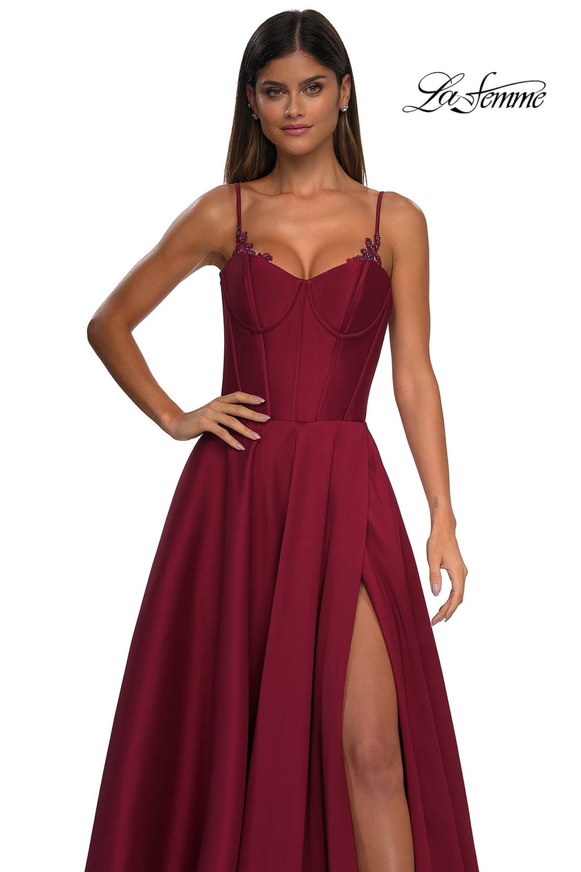 Picture of: Mikado A-line Gown with Lace Detail Neckline in Wine, Style: 32878, Detail Picture 23
