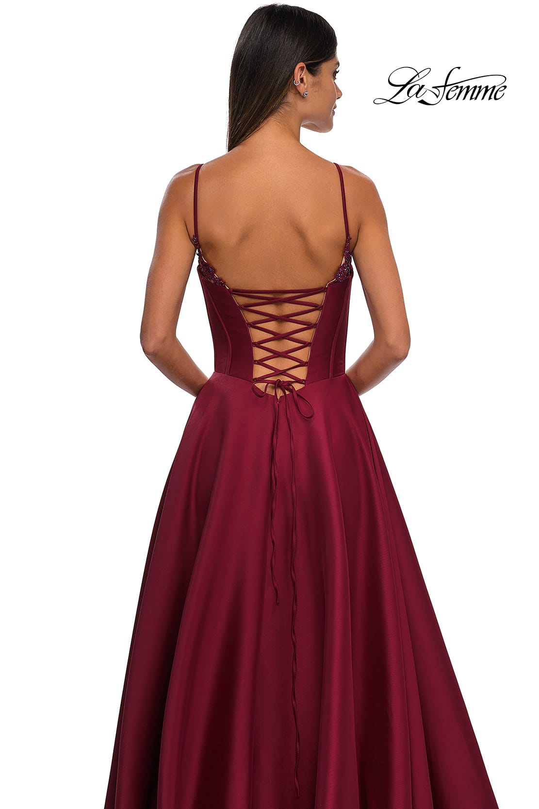 Picture of: Mikado A-line Gown with Lace Detail Neckline in Wine, Style: 32878, Detail Picture 24