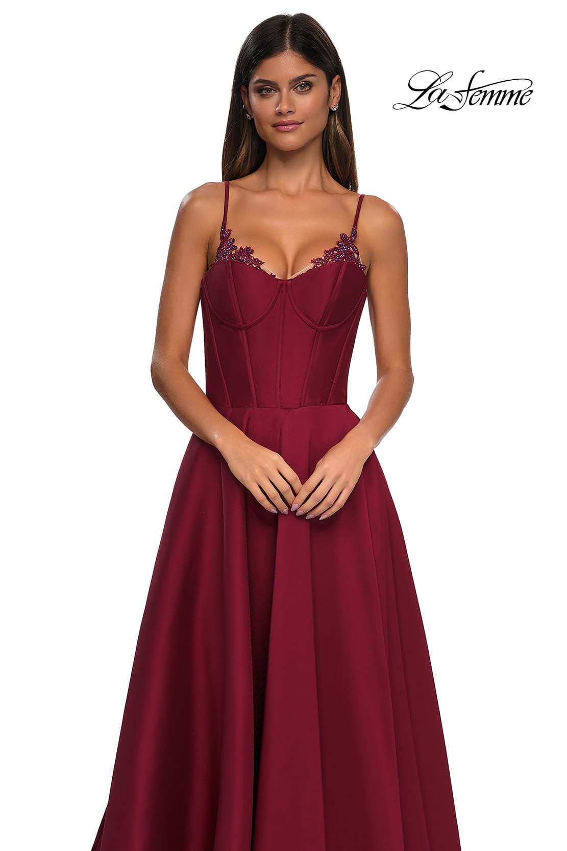 Picture of: Mikado A-line Gown with Lace Detail Neckline in Wine, Style: 32878, Detail Picture 25