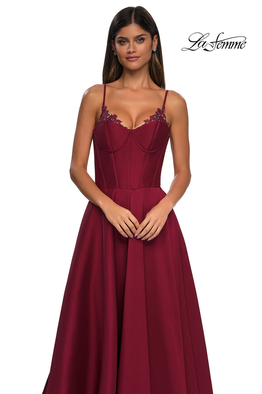 Picture of: Mikado A-line Gown with Lace Detail Neckline in Wine, Style: 32878, Detail Picture 25