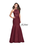 Picture of: Long Mermaid Prom Dress with Laser Cut Pattern Detail in Wine, Style: 25650, Detail Picture 1