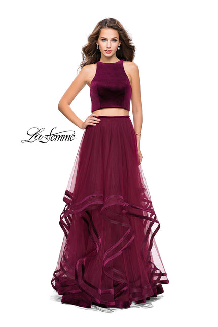 Picture of: Two Piece Tulle Gown with Velvet High Neck Top in Wine, Style: 25817, Detail Picture 1