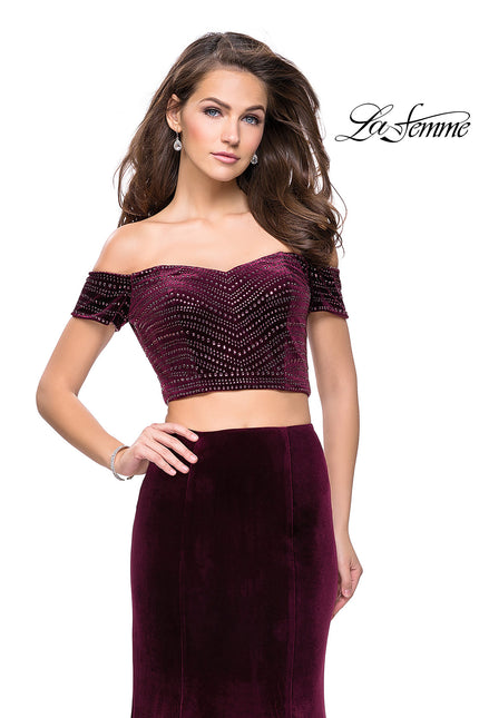 Picture of: Velvet Two Piece Prom Dress with Beading in Wine, Style: 25496, Detail Picture 2