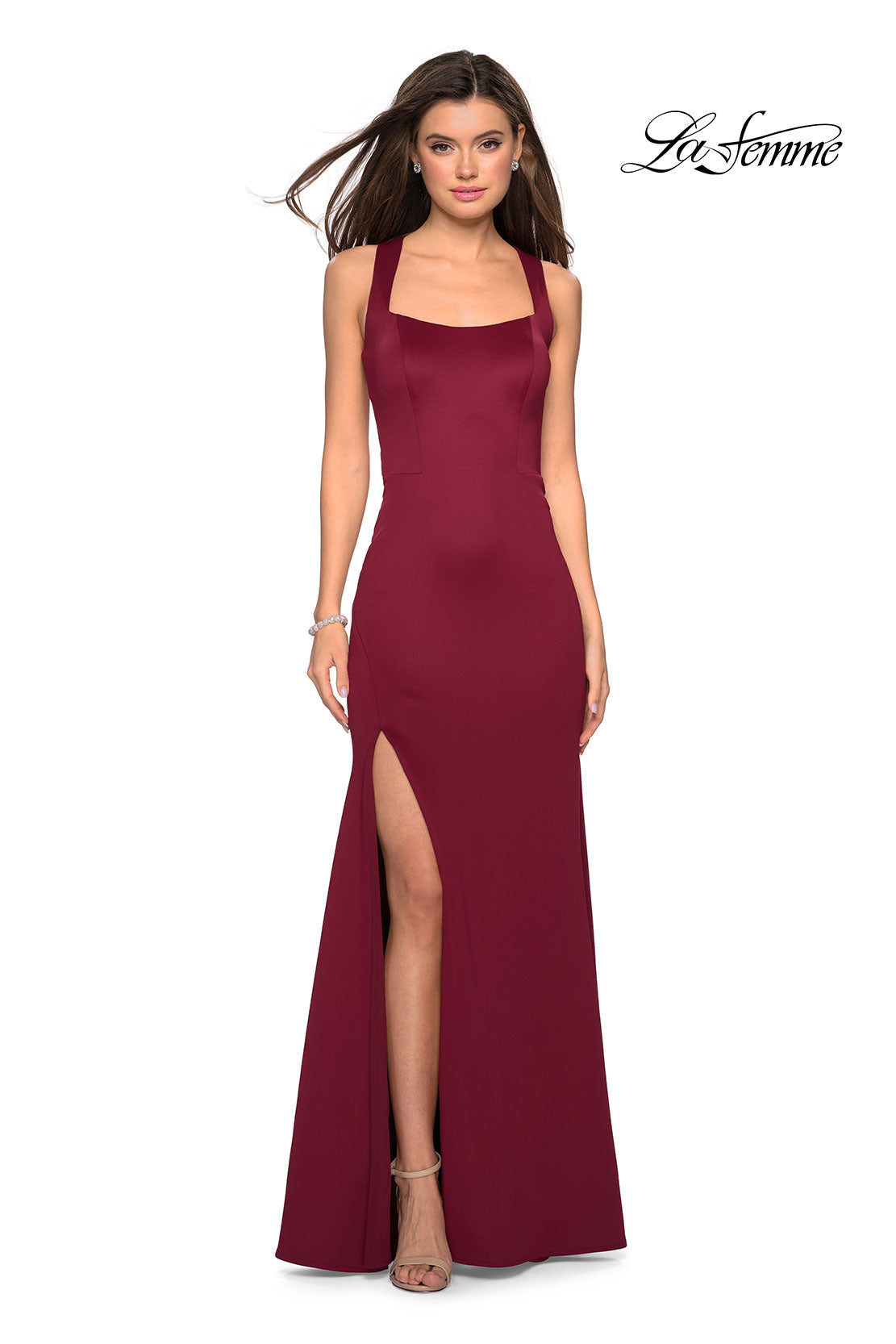 Picture of: Form Fitting Jersey Prom Dress with Side Leg Slit in Wine, Style: 27479, Detail Picture 2