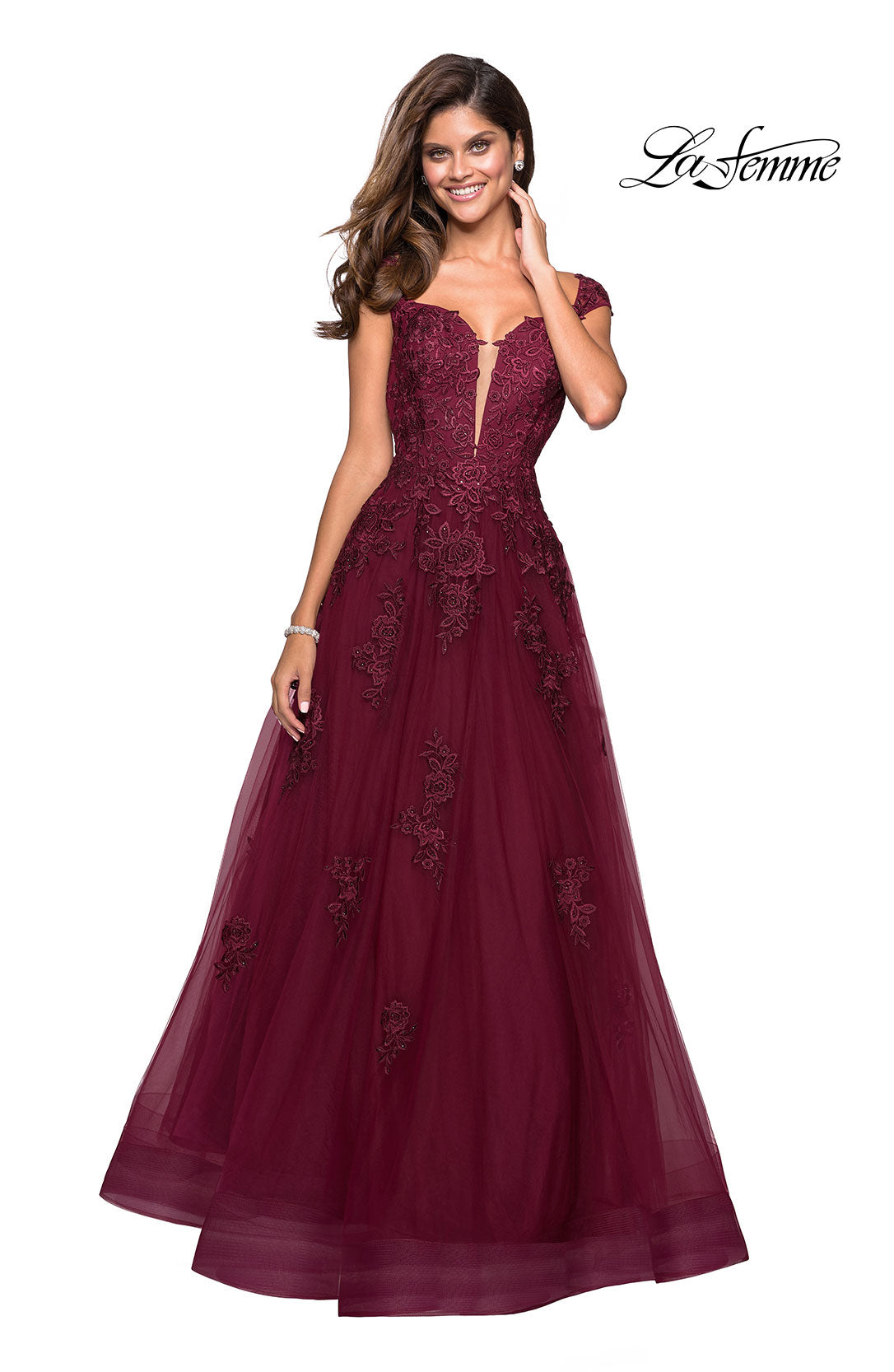 Picture of: Floor Length Cap Sleeve Prom Gown with Lace Detail in Wine, Style: 27503, Detail Picture 3