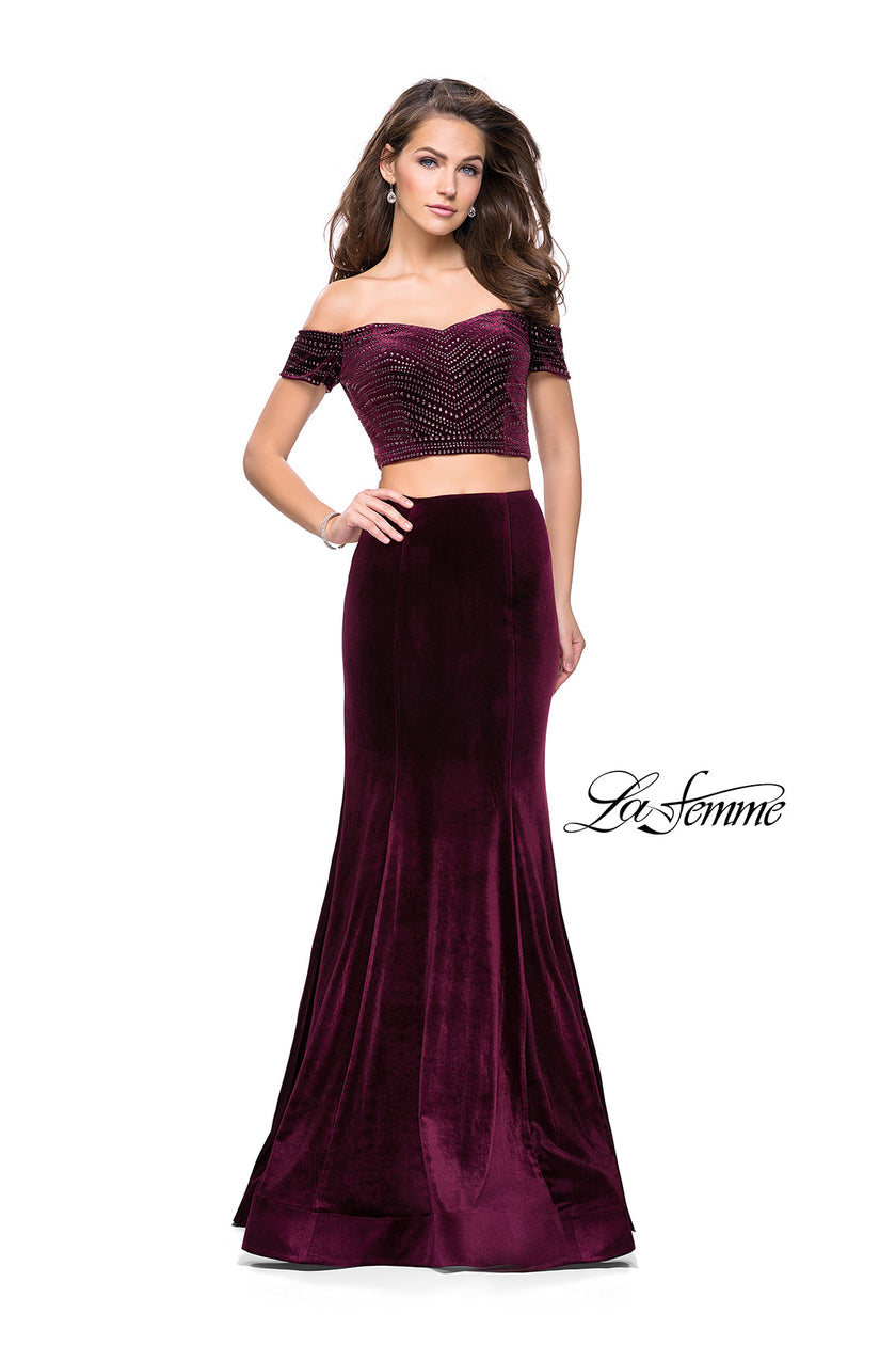 Picture of: Velvet Two Piece Prom Dress with Beading in Wine, Style: 25496, Detail Picture 5