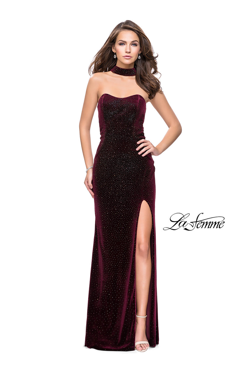 Picture of: Long Strapless Velvet Prom Gown with Cascading Beads in Wine, Style: 26239, Detail Picture 5