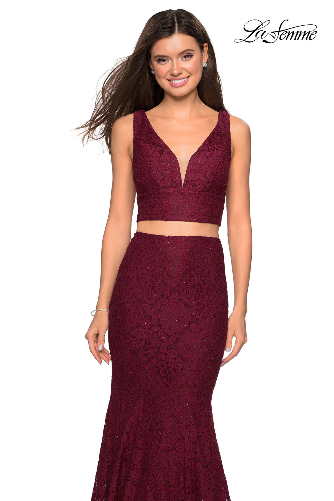 Picture of: Sweetheart Neckline Two Piece Long Lace Prom Dress in Wine, Style: 27262, Detail Picture 5