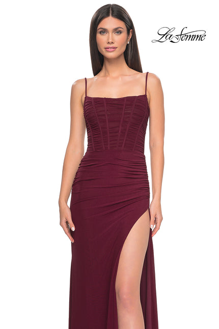 Picture of: Bustier Net Jersey Prom Dress with Ruching and High Slit in Wine, Style: 32161, Detail Picture 5