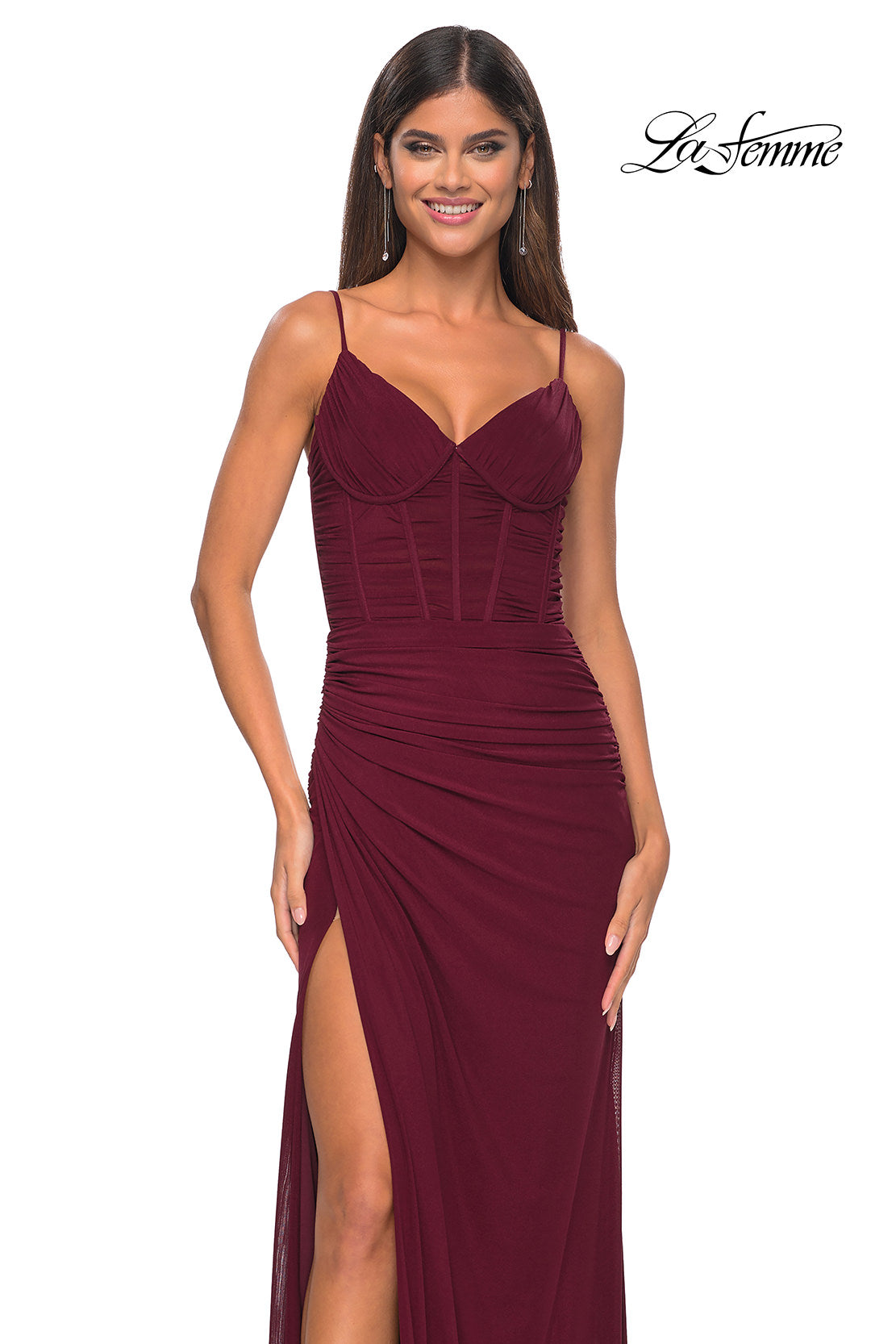 Picture of: Net Jersey Fitted Dress with Ruched Bustier Top in Wine, Style: 32239, Detail Picture 2