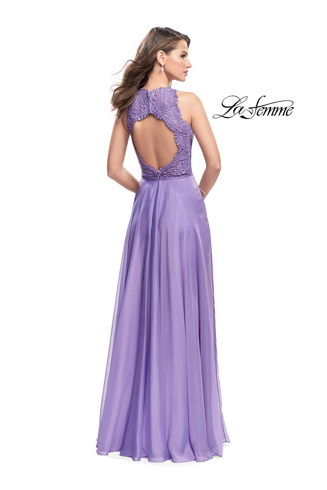 Picture of: Long A-line Dress with Chiffon Skirt and Strappy Details in Wisteria, Style: 25487, Back Picture