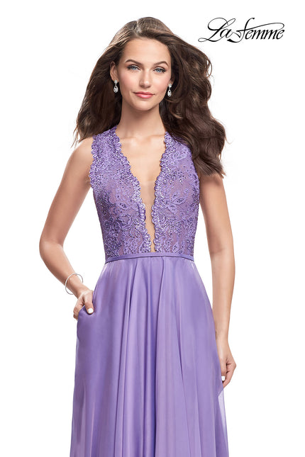 Picture of: Long A-line Dress with Chiffon Skirt and Strappy Details in Wisteria, Style: 25487, Detail Picture 1