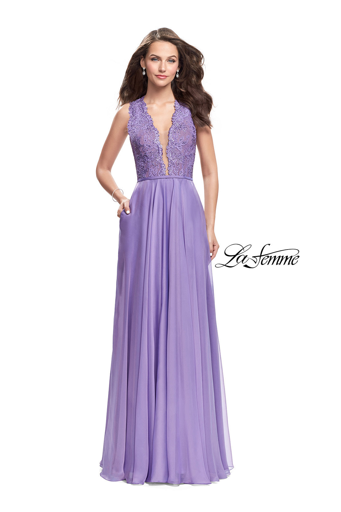 Picture of: Long A-line Dress with Chiffon Skirt and Strappy Details in Wisteria, Style: 25487, Detail Picture 2