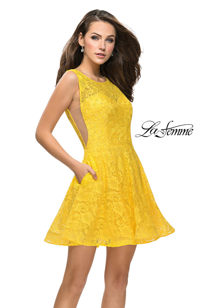 Picture of: Lace Short Dress with Rhinestones and Pockets in Yellow, Style: 26616, Detail Picture 3