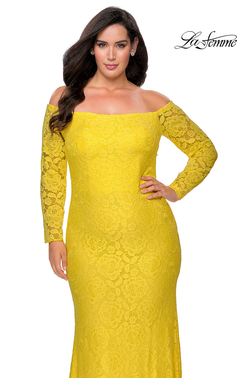 Picture of: Long Sleeve Off The Shoulder Lace Plus Size Dress in Yellow, Style: 28859, Detail Picture 8