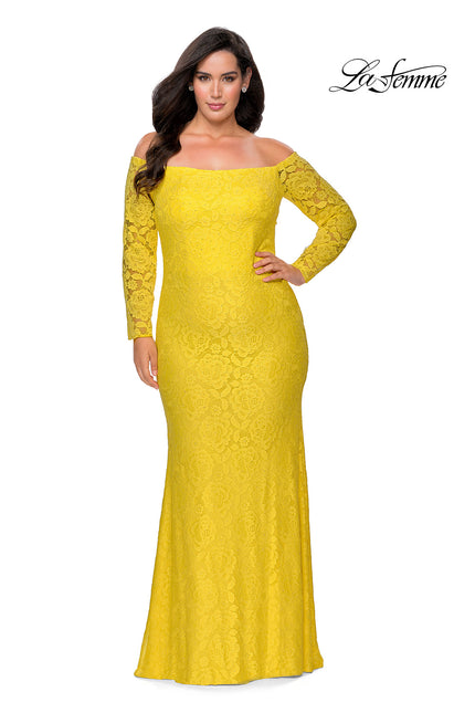 Picture of: Long Sleeve Off The Shoulder Lace Plus Size Dress in Yellow, Style: 28859, Detail Picture 2