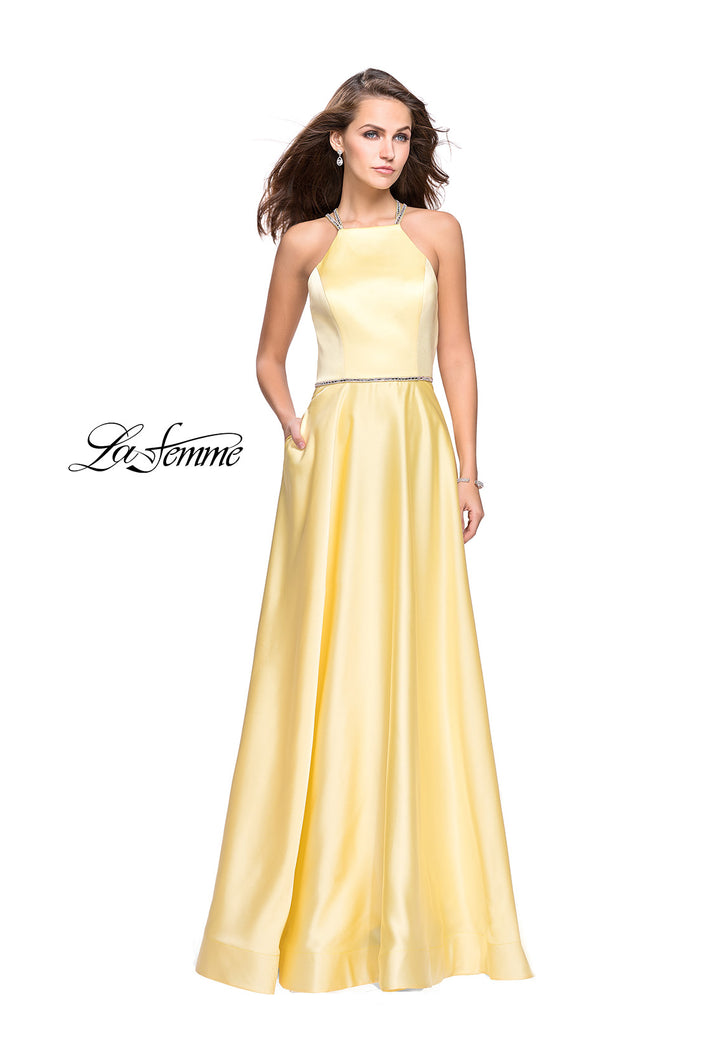 Picture of: Long High Neck Satin Gown with Beaded Strappy Back in Yellow, Style: 26269, Main Picture
