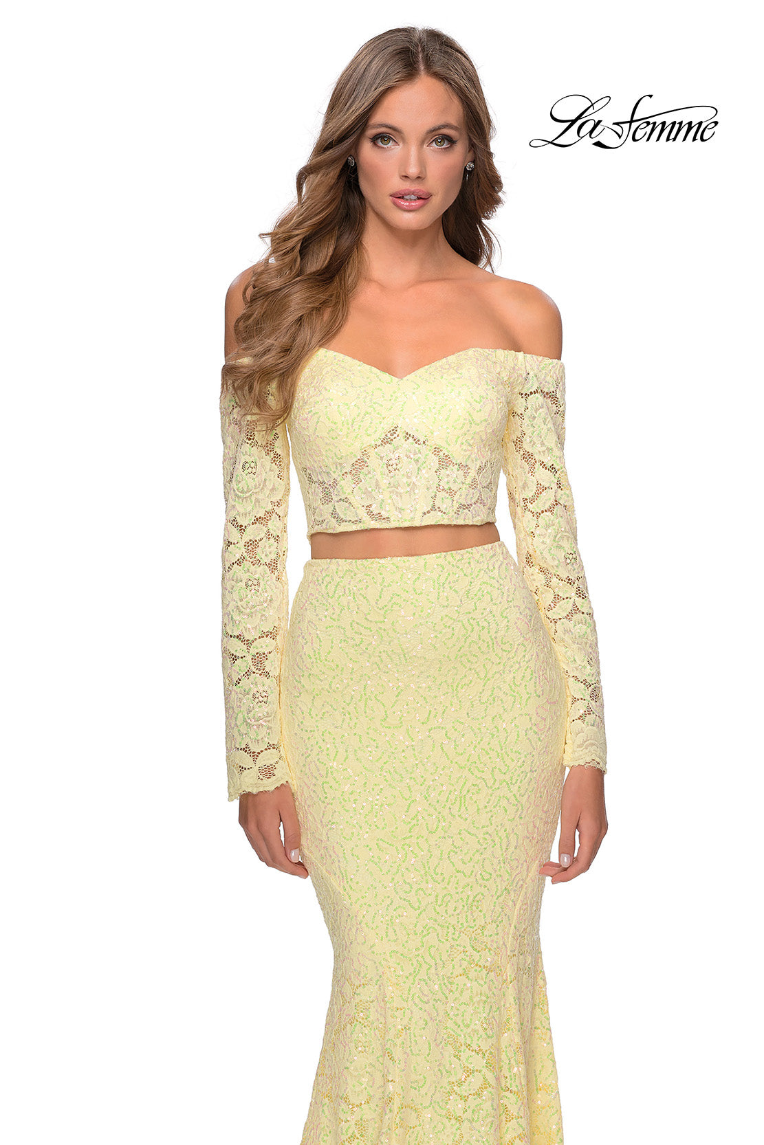 Picture of: Lace Sleeve Lace and Sequin Two Piece Prom Dress in Yellow, Style: 28666, Detail Picture 8