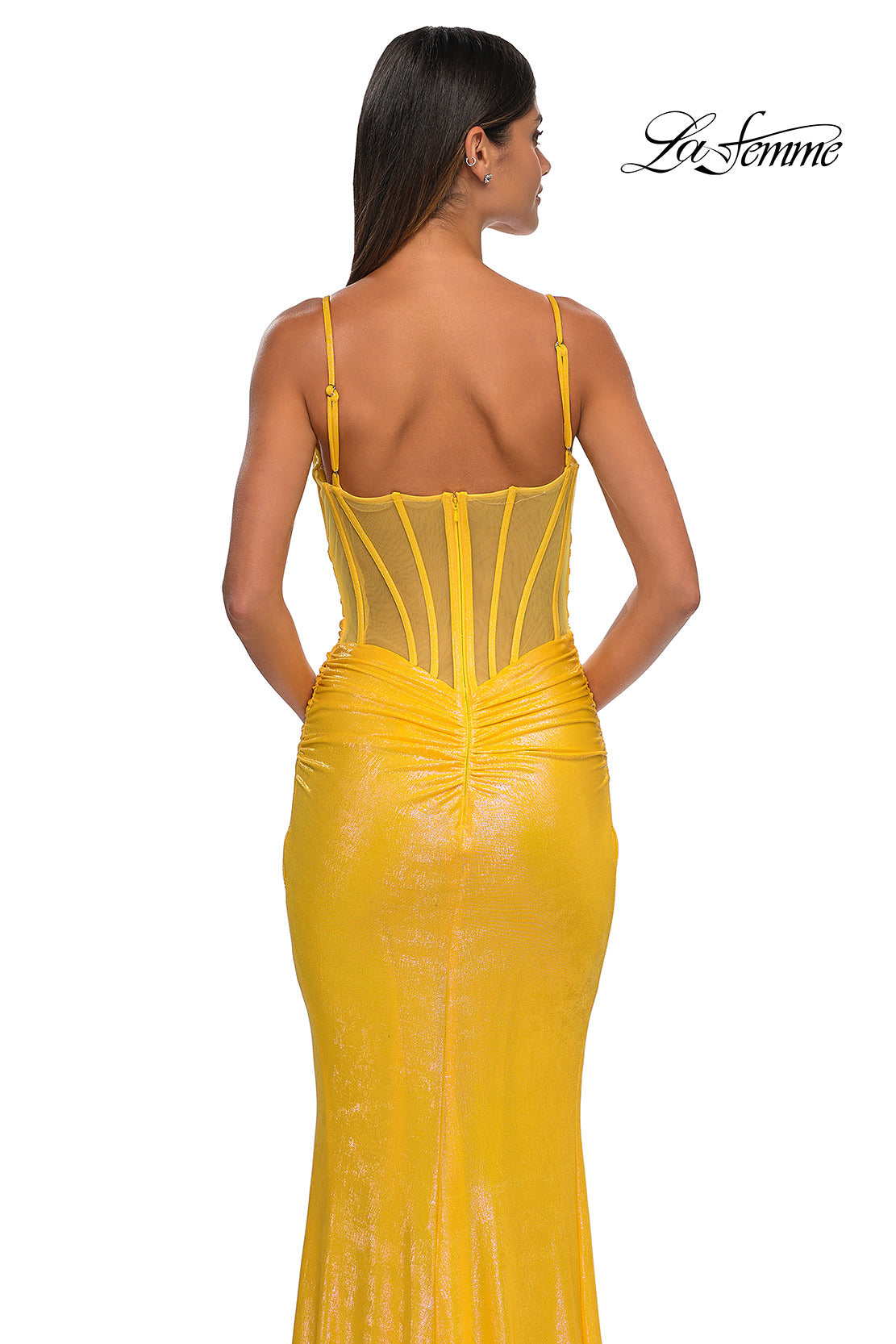 Picture of: Gorgeous Metallic Prom Dress with Ruching and Illusion Back in Yellow, Style: 33034, Detail Picture 10
