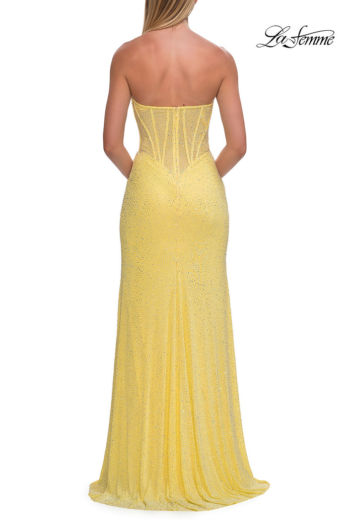 Picture of: Strapless Rhinestone Corset Gown with Sweetheart Neckline and High Slit in Yellow, Style: 33304, Detail Picture 13