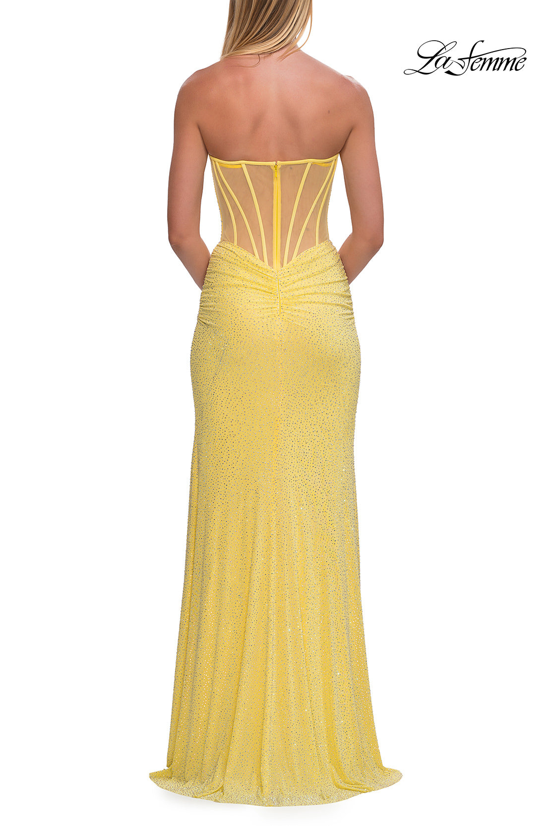 Picture of: Strapless Rhinestone Gown with Keyhole Cutout and Corset Back in Yellow, Style: 33354, Detail Picture 14