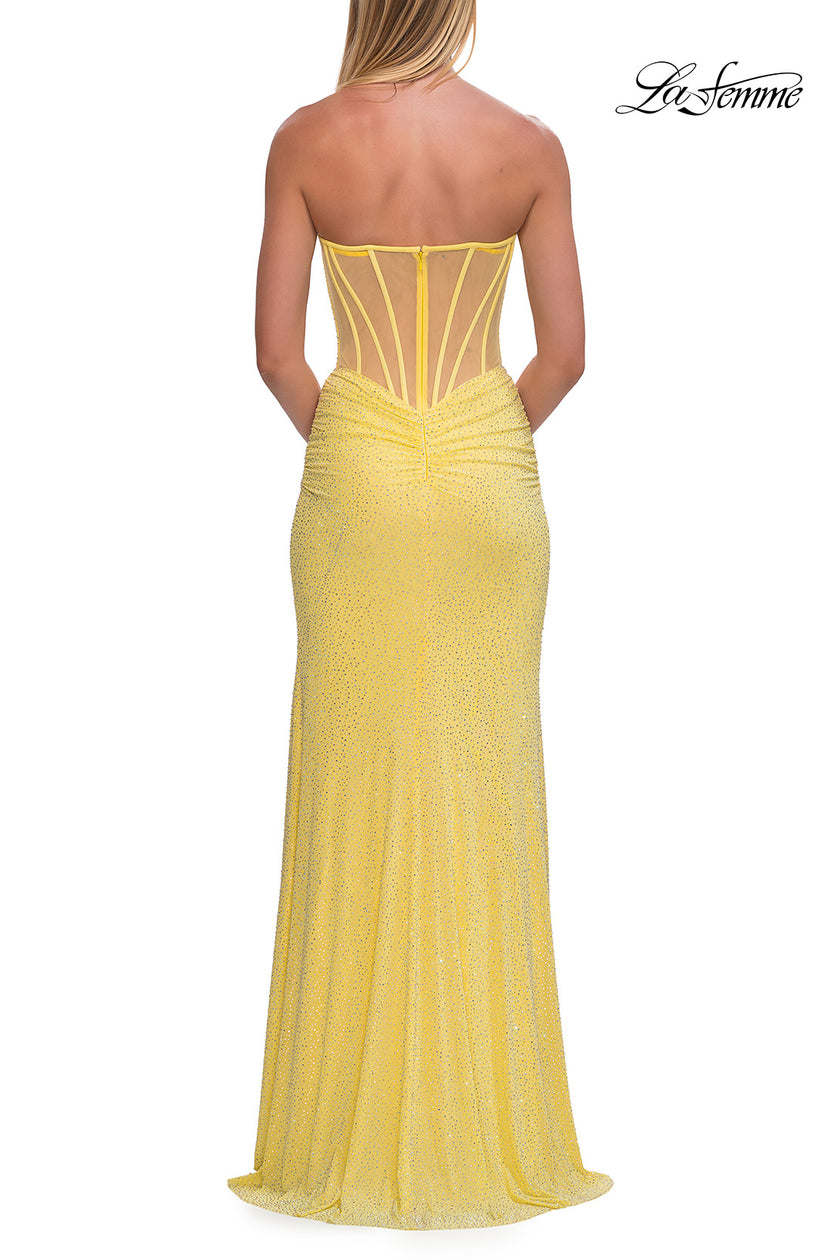 Picture of: Strapless Rhinestone Gown with Keyhole Cutout and Corset Back in Yellow, Style: 33354, Detail Picture 14