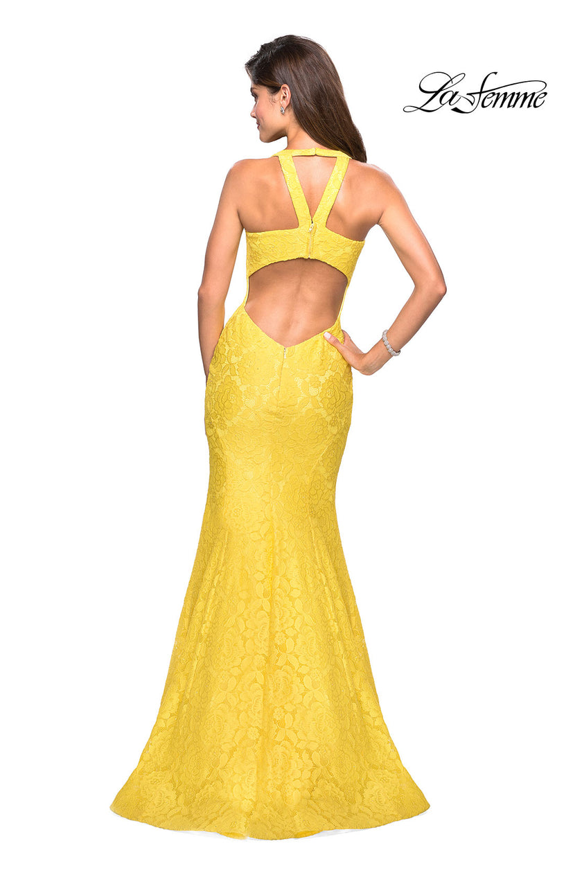 Picture of: Stretch Lace Mermaid Prom Dress with Cut Out Back in Yellow, Style: 27484, Back Picture