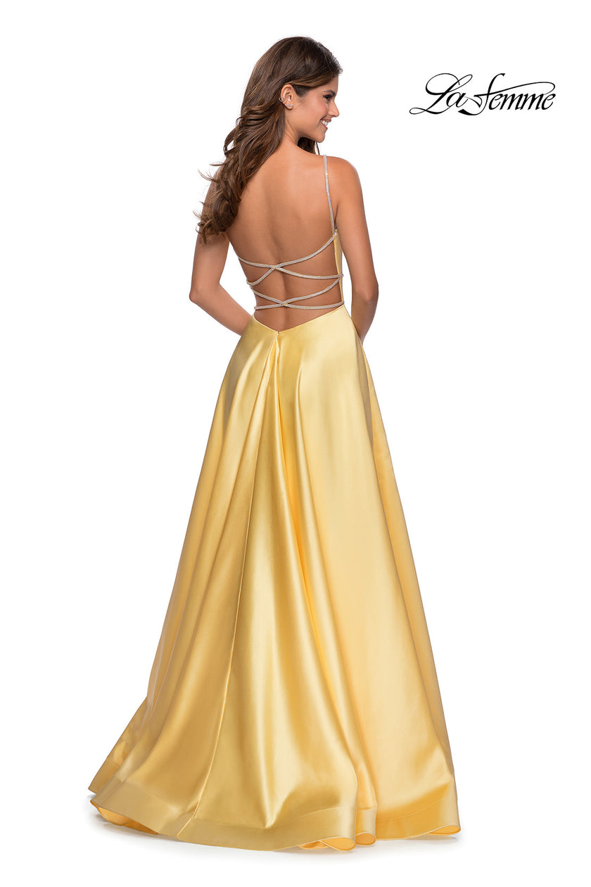 Picture of: A-line Gown with Double Rhinestone Belt Detail in Yellow, Style: 28385, Back Picture