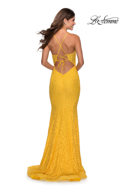 Picture of: Floor Length Lace Prom Dress with Sheer Bodice in Yellow, Style: 28591, Back Picture