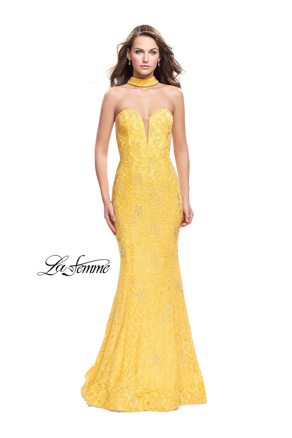 Picture of: Strapless Beaded Lace Mermaid Dress with T Back in Yellow, Style: 26261, Detail Picture 1