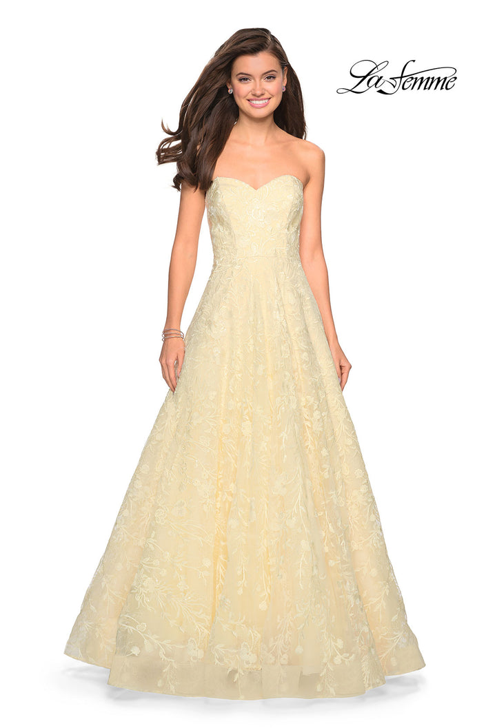 Picture of: Strapless A-Line Gown with Floral Embroidery in Yellow, Style: 27746, Detail Picture 1