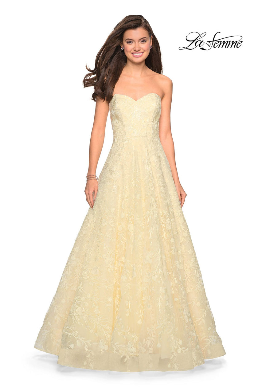 Picture of: Strapless A-Line Gown with Floral Embroidery in Yellow, Style: 27746, Detail Picture 1