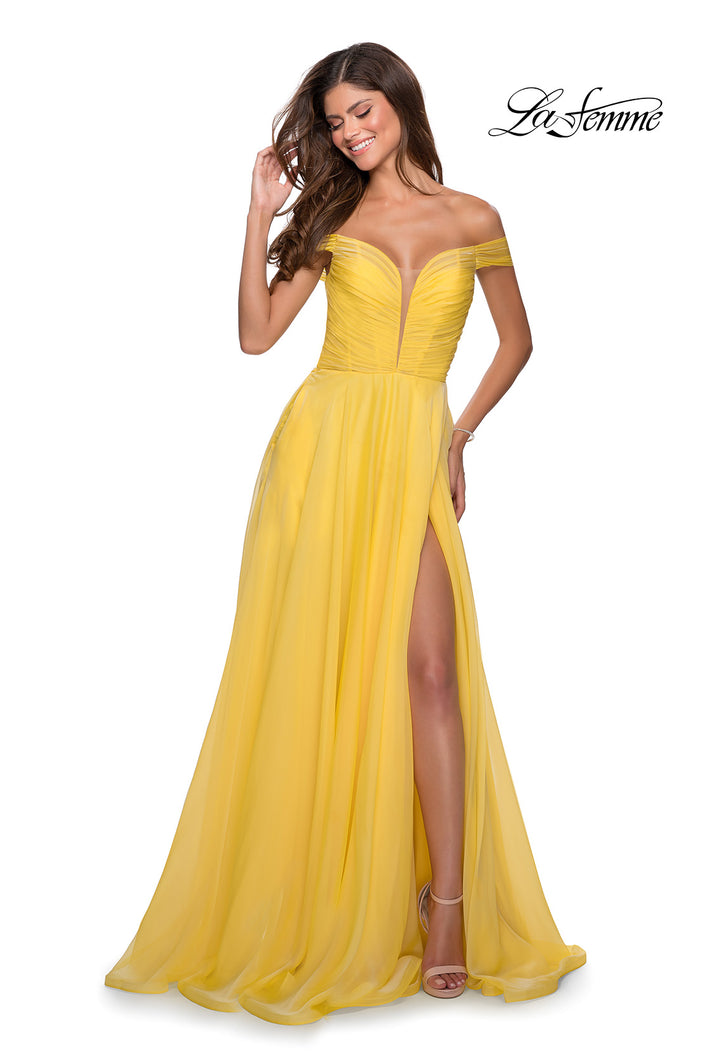 Picture of: Off the Shoulder Chiffon Gown with Plunging Neckline in Yellow, Style: 28546, Detail Picture 1