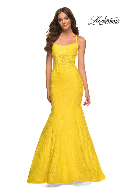 Picture of: Bright Mermaid Lace Gown with Sheer Bodice and Open Back in Yellow, Style: 30612, Detail Picture 1