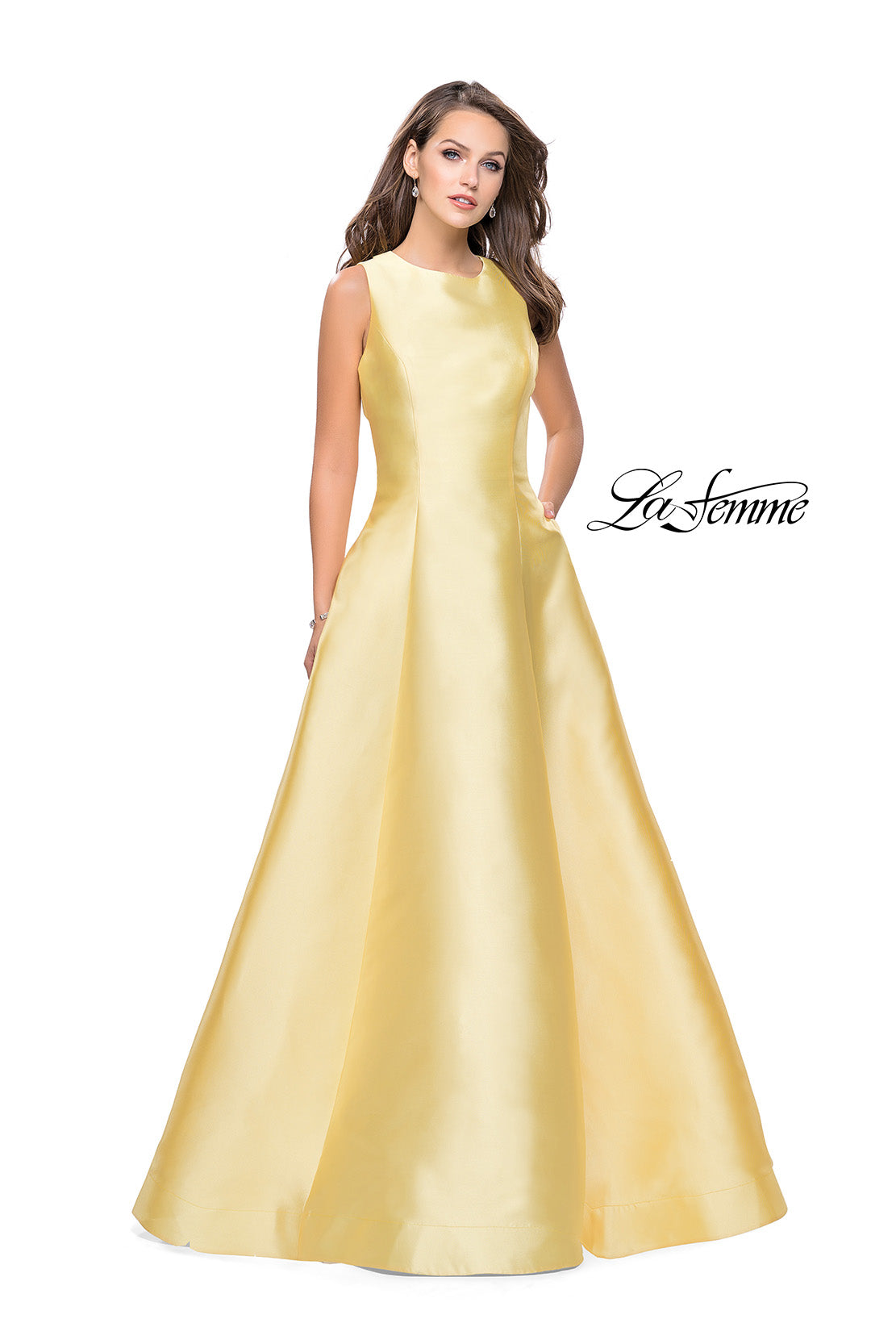 Picture of: Long Mikado Ball Gown with Boat Neck and Criss Cross Back in Yellow, Style: 25425, Detail Picture 2