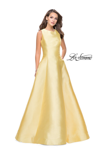 Picture of: Long Mikado Ball Gown with Boat Neck and Criss Cross Back in Yellow, Style: 25425, Detail Picture 2