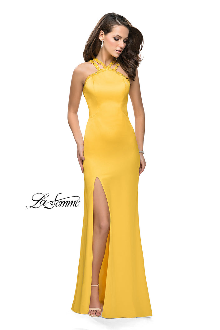 Picture of: Satin Prom Gown with Beaded Straps and Open Back in Yellow, Style: 25906, Detail Picture 2