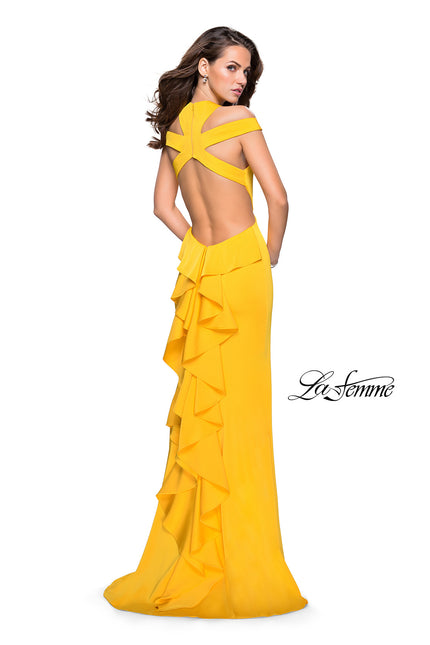Picture of: Long Jersey Prom Dress with Ruffle Detail and Slit in Yellow, Style: 25971, Detail Picture 2
