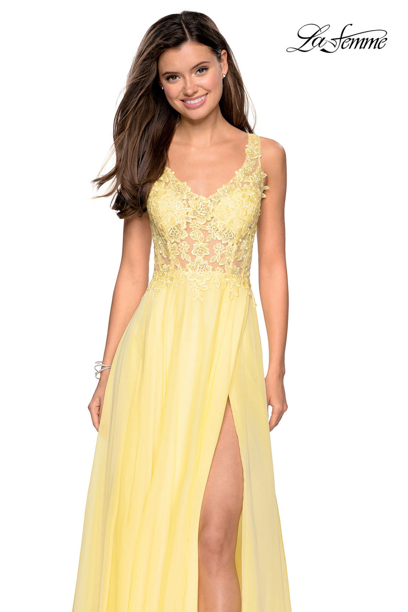 Picture of: Floor Length Chiffon Prom Dress with Sheer Floral Bodice in Yellow, Style: 27751, Detail Picture 2